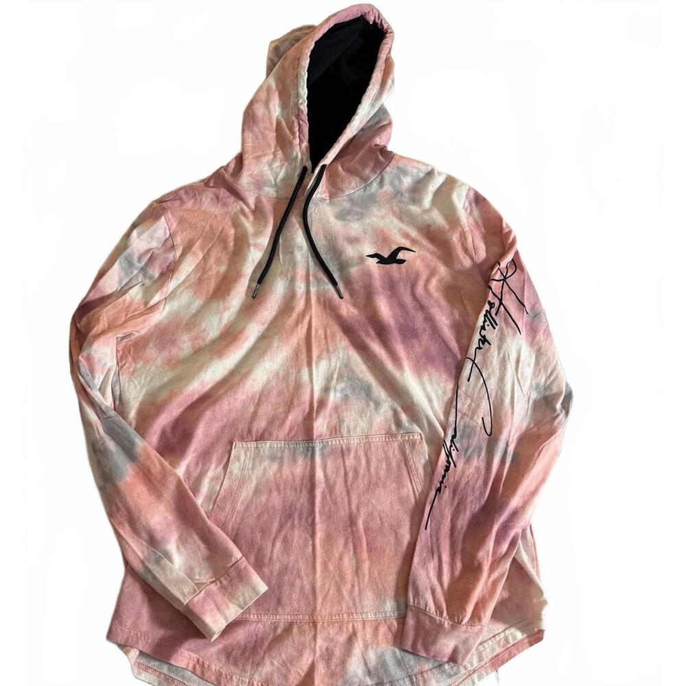 HOLLISTER CALIFORNIA Pink Tie Dyed  Hoodie 100% Cotton Tshirt SZ L Front Pocket